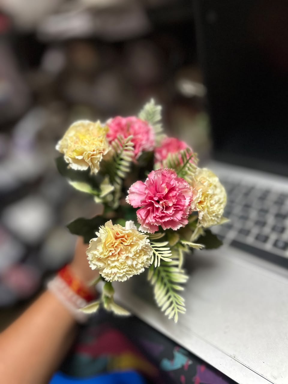Fabric Carnation Flower Bunch - 3 cm Dual Shade (6 Flowers with Fillers)