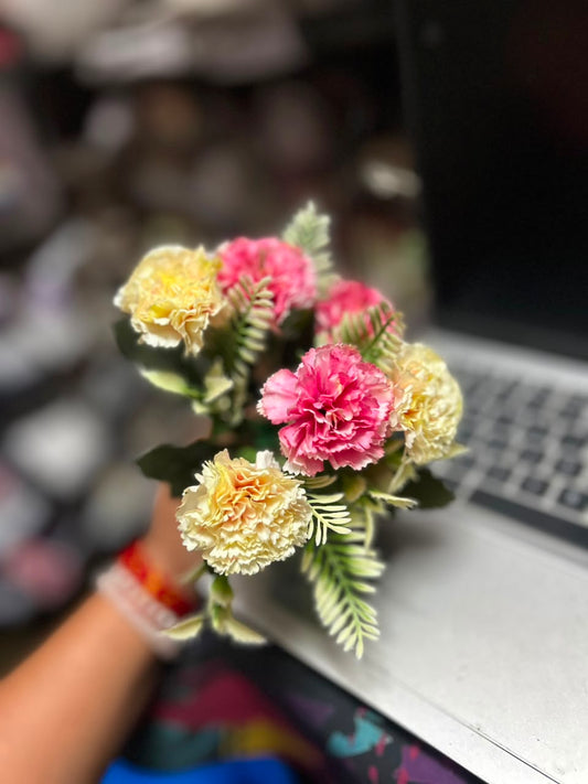 Fabric Carnation Flower Bunch - 3 cm Dual Shade (6 Flowers with Fillers)
