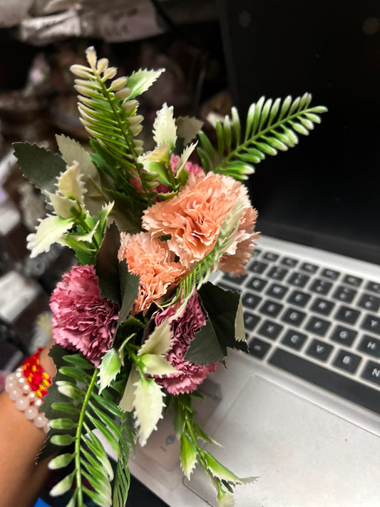 Fabric Carnation Flower Bunch - 3 cm Dual Shade (6 Flowers with Fillers)
