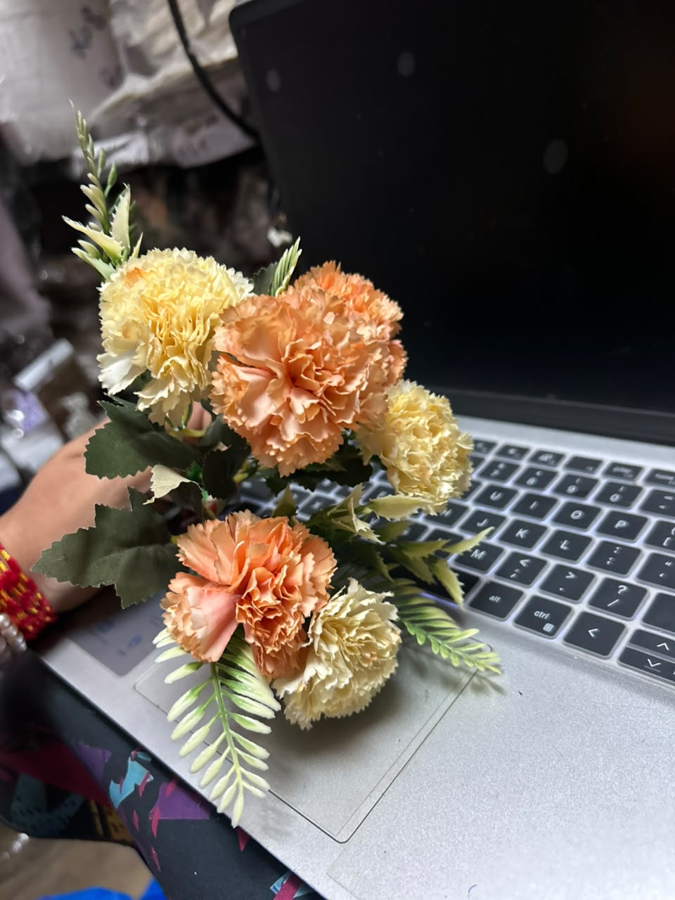 Fabric Carnation Flower Bunch - 3 cm Dual Shade (6 Flowers with Fillers)