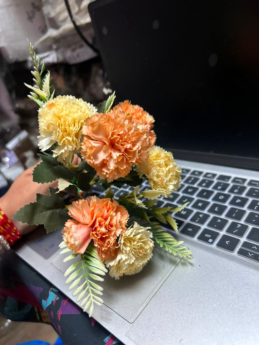 Fabric Carnation Flower Bunch - 3 cm Dual Shade (6 Flowers with Fillers)