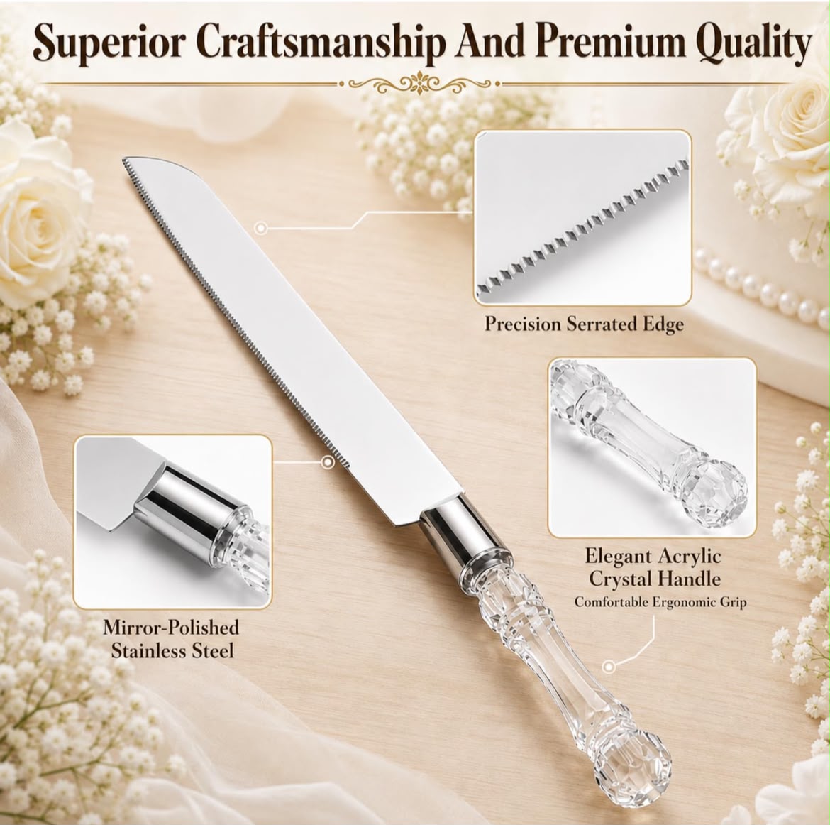 Cake Knife & Server Set - Acrylic Crystal Handle (Set of 2)