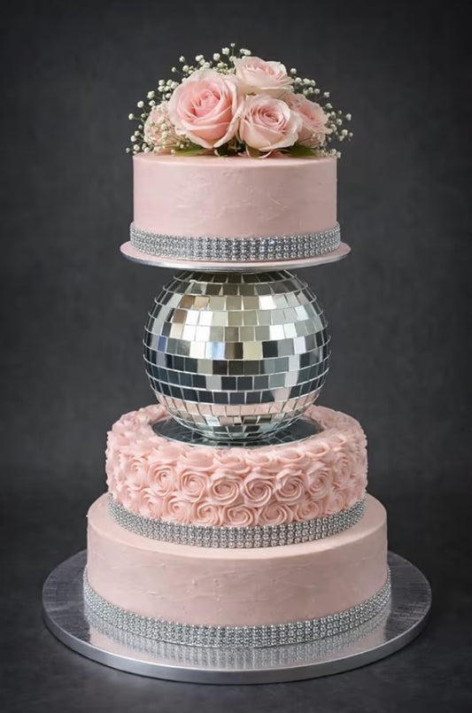 Disco Ball Acrylic Cake Spacer Stand - 6 x 6 inch Mirror Ball with Rod & Plates