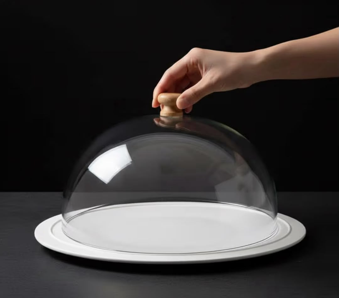 Acrylic Cake Dome with White Base - Clear Display Cloche with Wooden Knob