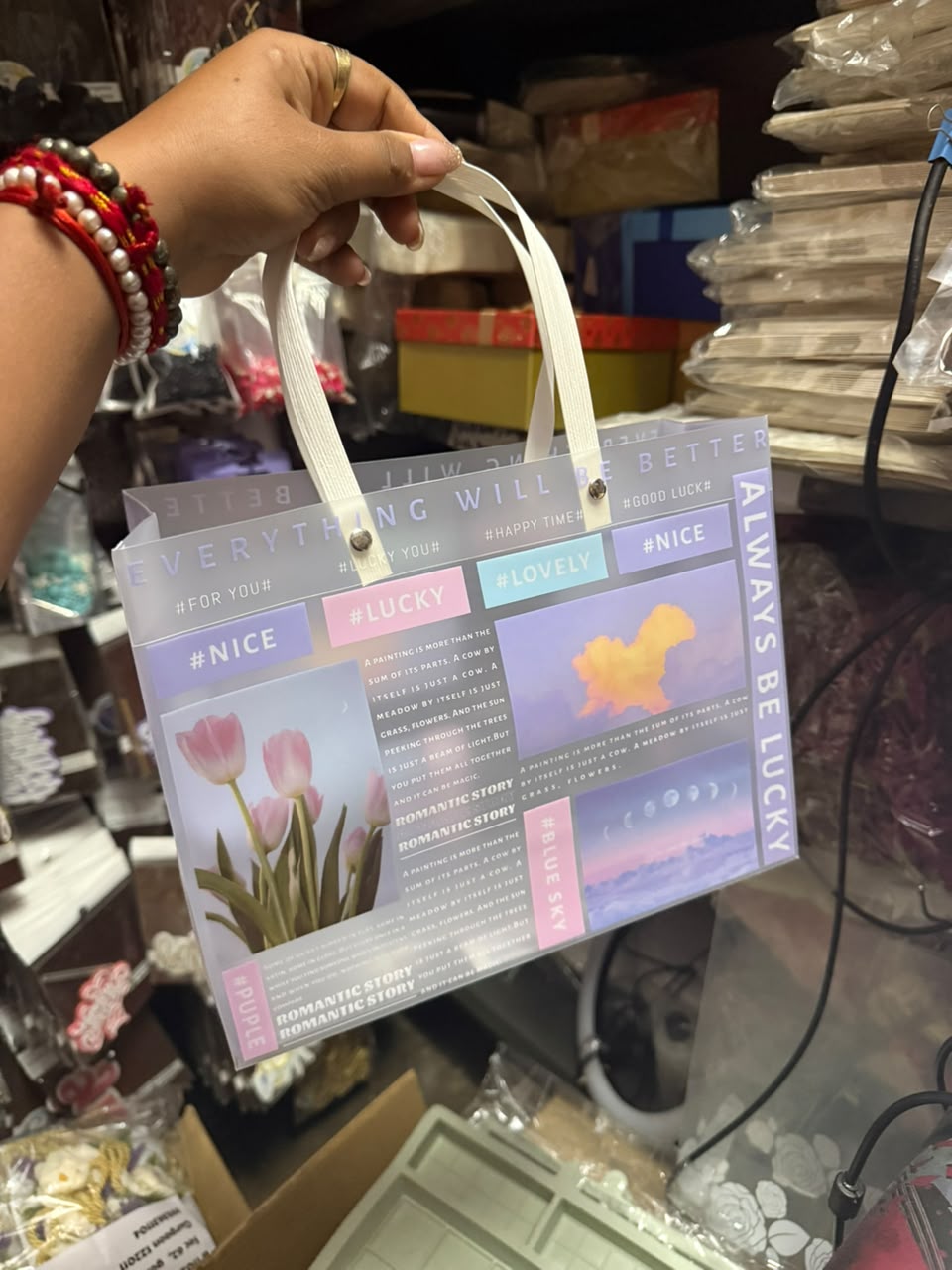 PVC Gift Bag 8 x 11 x 3.5 - Frosted Printed Carry Bag for Hampers, Return Gifts and Packaging