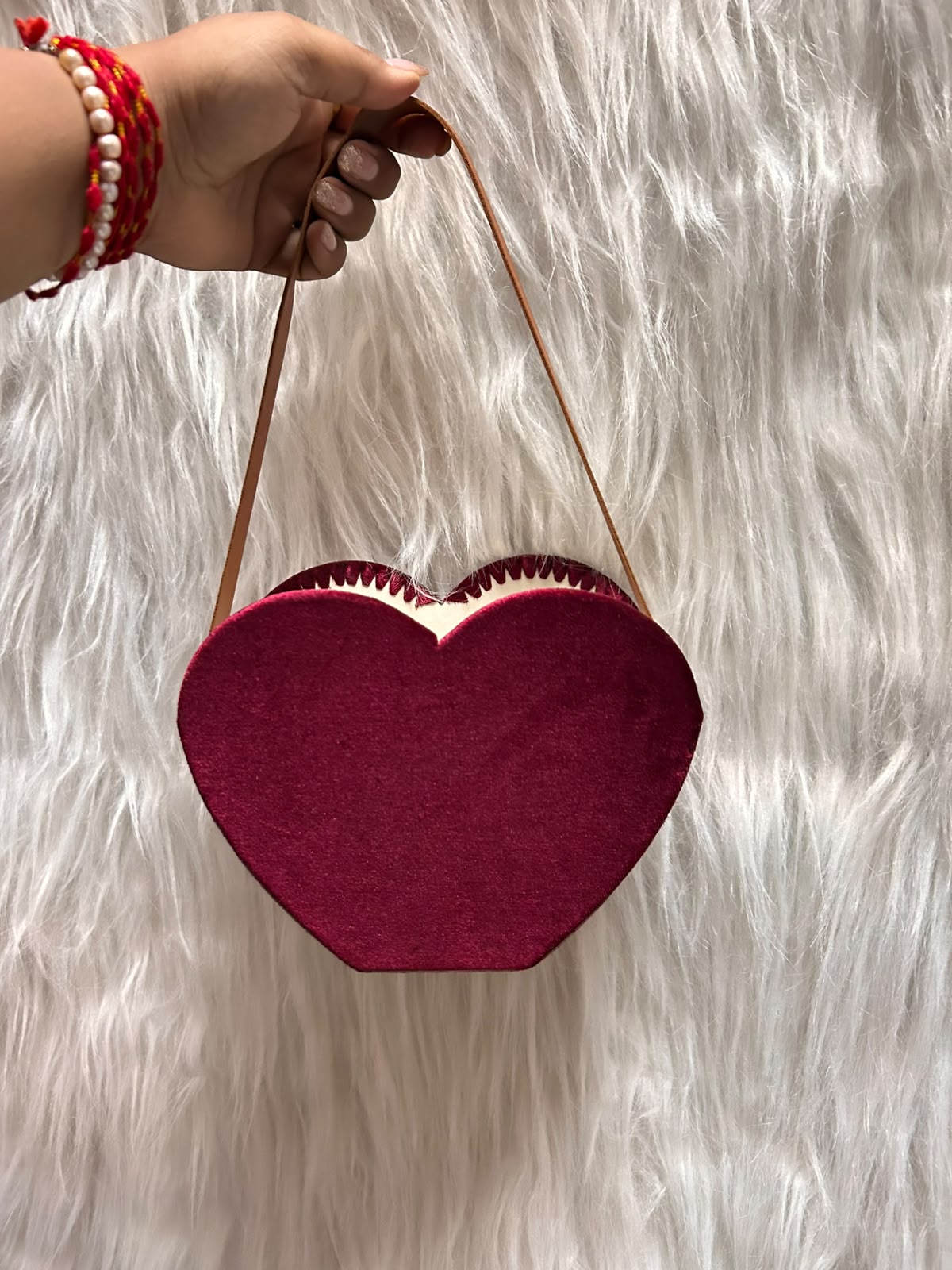 Heart Shape Velvet Hamper Basket with Leather Belt Handle - 7.5 x 7.5 x 2.5 inch Gift Basket for Hampers, Weddings and Return Gifts