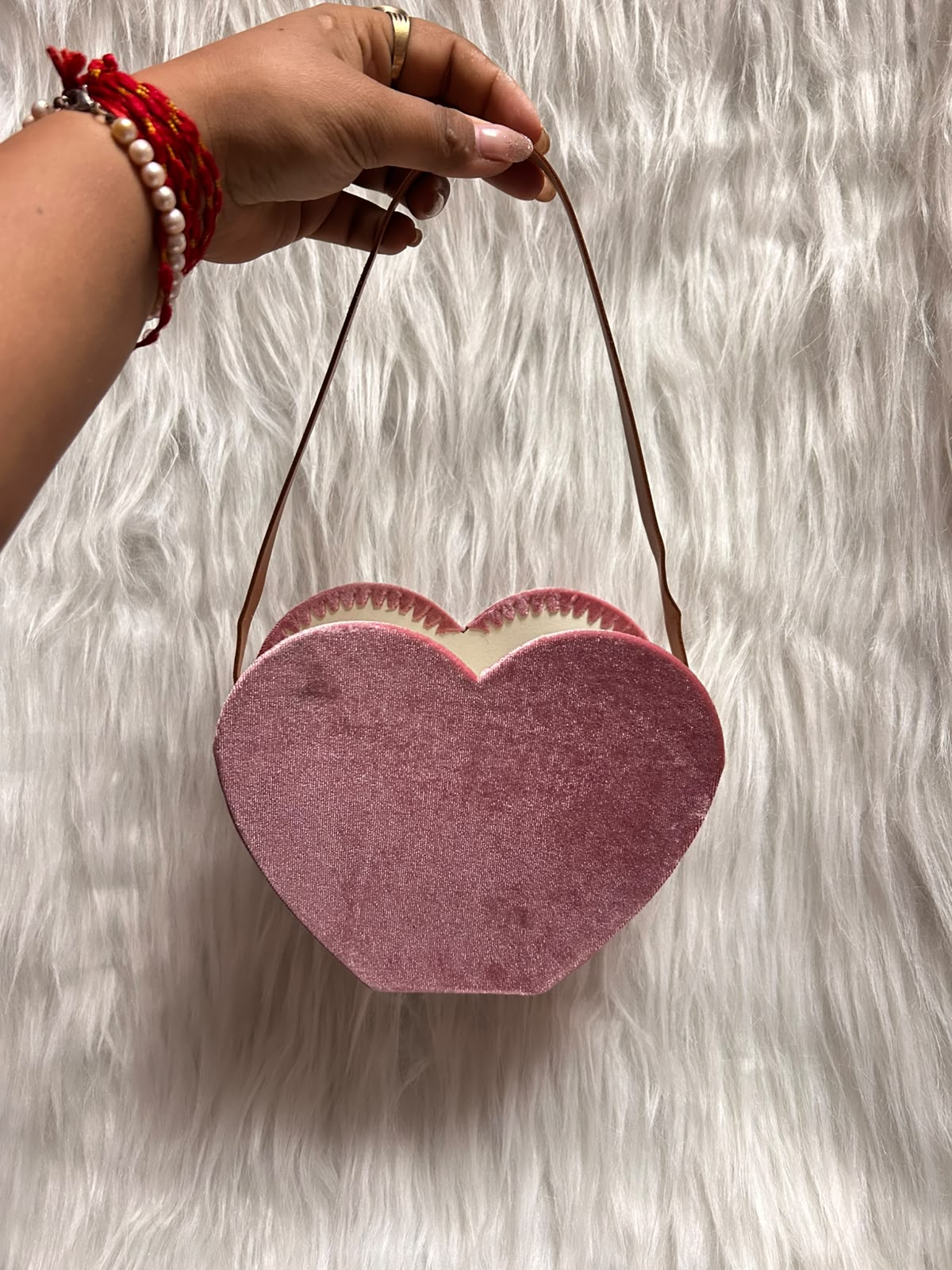 Heart Shape Velvet Hamper Basket with Leather Belt Handle - 7.5 x 7.5 x 2.5 inch Gift Basket for Hampers, Weddings and Return Gifts