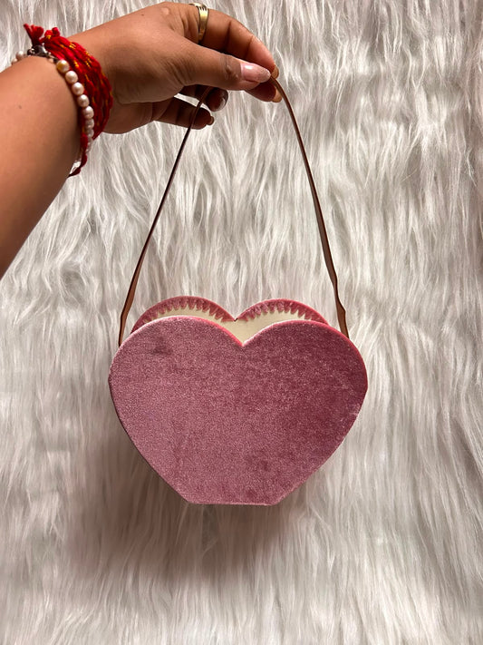 Heart Shape Velvet Hamper Basket with Leather Belt Handle - 7.5 x 7.5 x 2.5 inch Gift Basket for Hampers, Weddings and Return Gifts