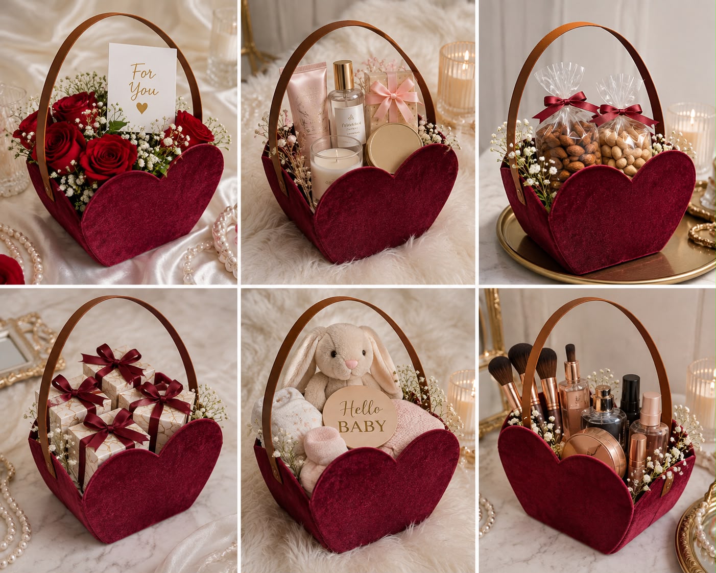Heart Shape Velvet Hamper Basket with Leather Belt Handle - 7.5 x 7.5 x 2.5 inch Gift Basket for Hampers, Weddings and Return Gifts