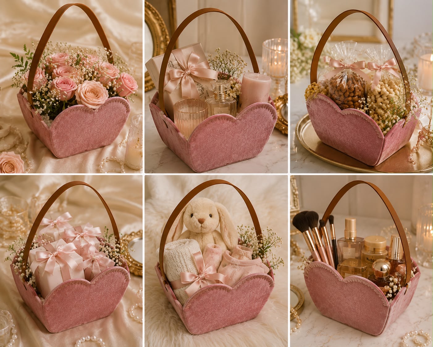 Heart Shape Velvet Hamper Basket with Leather Belt Handle - 7.5 x 7.5 x 2.5 inch Gift Basket for Hampers, Weddings and Return Gifts