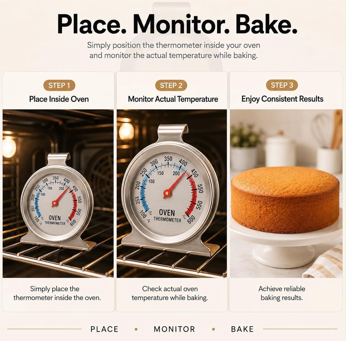 Stainless Steel Oven Thermometer for Baking and Roasting - Analog Dual C/F Dial Temperature Gauge for OTG, Toaster Oven and Kitchen