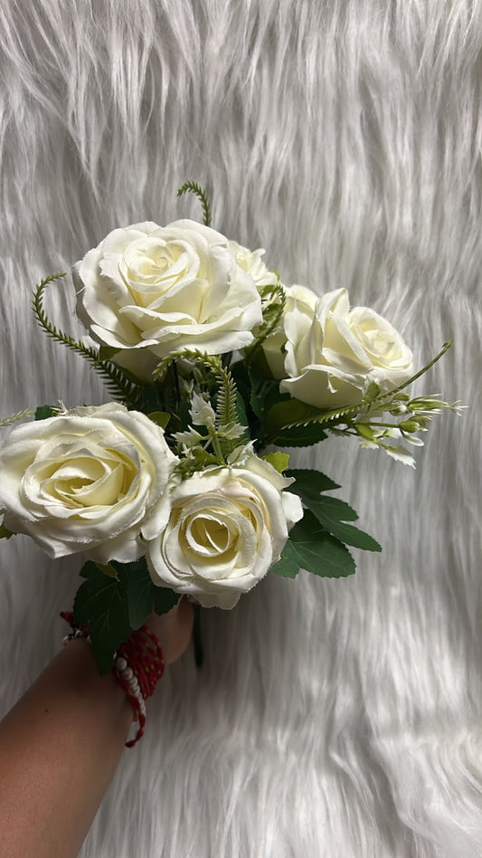 Big Rose Flower Bunch - 7 Roses of 8 cm with Fillers and Leaves for Cake Decoration, Home Decor and Hampers