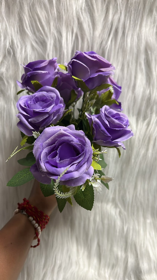 Big Rose Flower Bunch - 7 Roses of 8 cm with Fillers and Leaves for Cake Decoration, Home Decor and Hampers