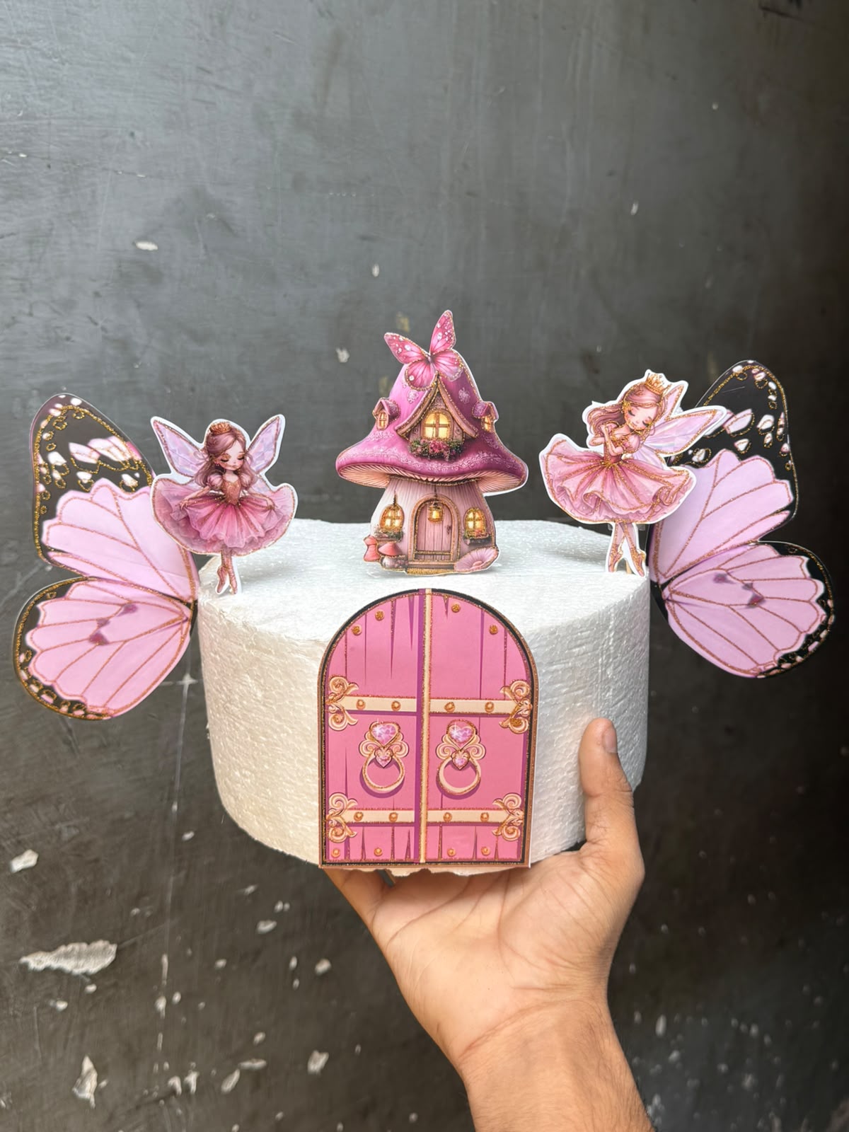 Paper Butterfly Fairy Cake Topper Set - Printed Card Cutouts with Butterflies, Fairies, Mushroom House and Fairy Door for Birthday and Theme Cakes