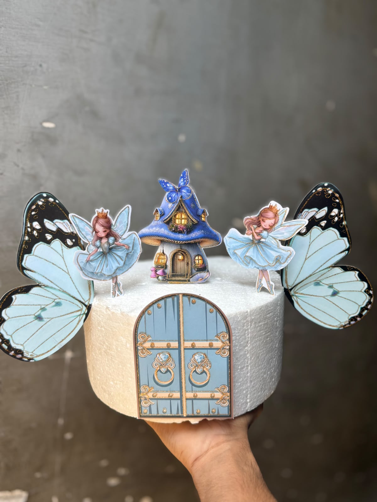 Paper Butterfly Fairy Cake Topper Set - Printed Card Cutouts with Butterflies, Fairies, Mushroom House and Fairy Door for Birthday and Theme Cakes