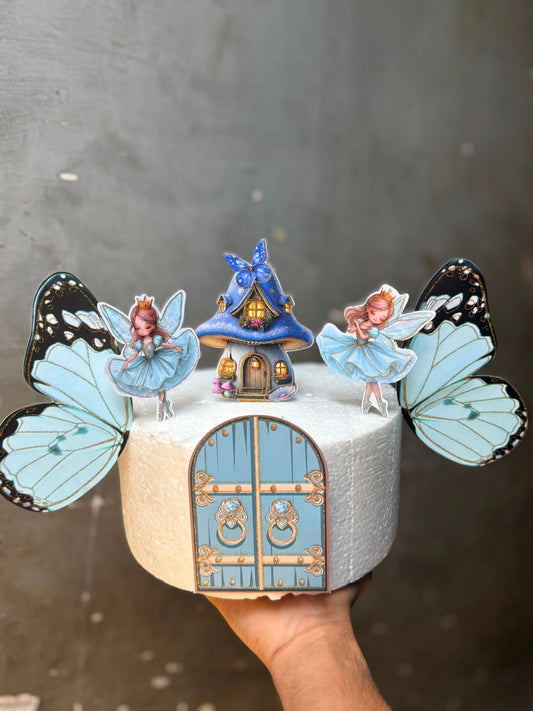 Paper Butterfly Fairy Cake Topper Set - Printed Card Cutouts with Butterflies, Fairies, Mushroom House and Fairy Door for Birthday and Theme Cakes