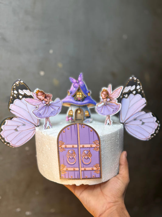 Paper Butterfly Fairy Cake Topper Set - Printed Card Cutouts with Butterflies, Fairies, Mushroom House and Fairy Door for Birthday and Theme Cakes