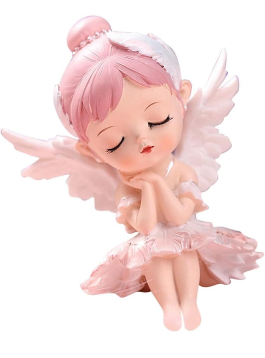 Sitting Angel Doll Cake Topper - Ceramic Finish Fairy Figurine with Feathered Wings for Birthday, Christening and Baby Shower Cakes