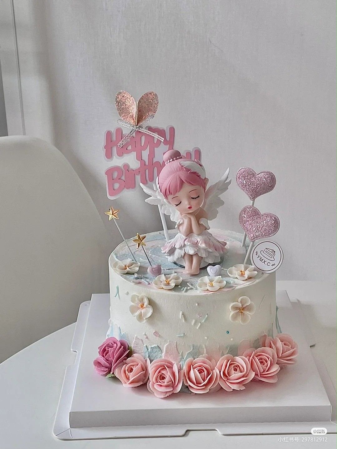 Sitting Angel Doll Cake Topper - Ceramic Finish Fairy Figurine with Feathered Wings for Birthday, Christening and Baby Shower Cakes