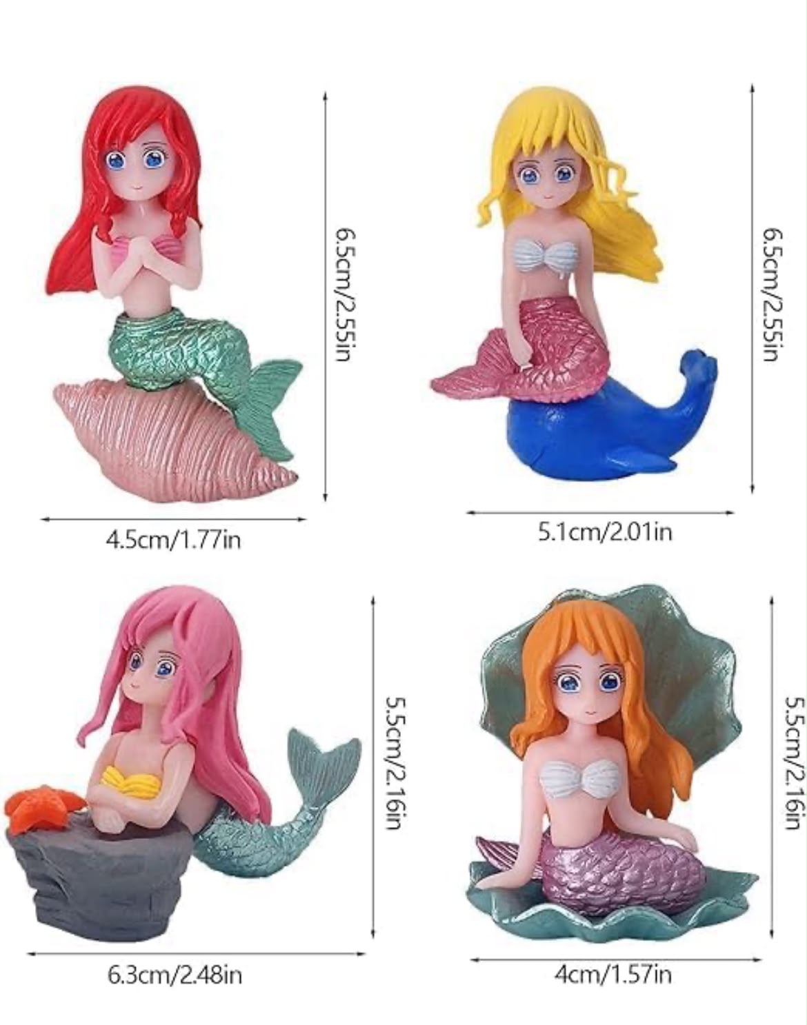 Mermaid Figurines Set of 4 - Ocean Theme Cake Toppers and Miniature Mermaid Dolls for Fairy Garden, Terrarium and Dollhouse