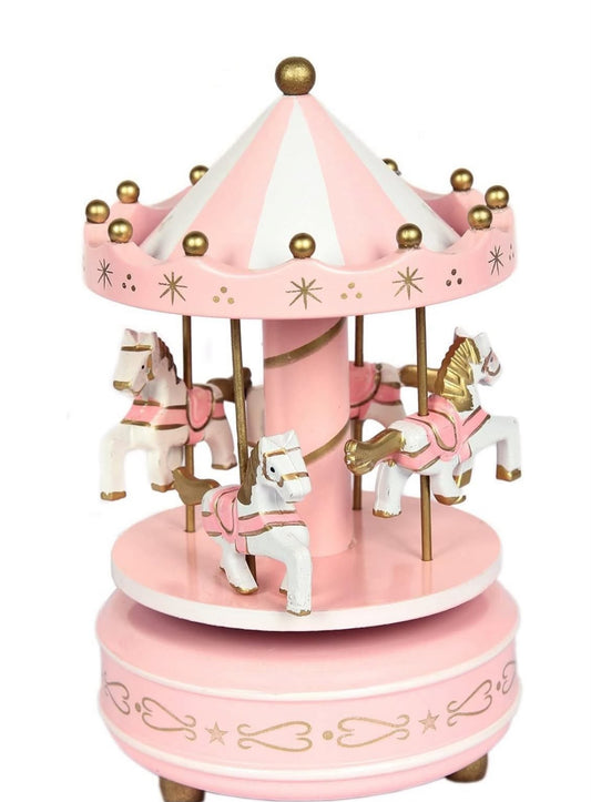Rotating Carousel Music Box - Wind-Up Merry-Go-Round Musical Cake Topper and Showpiece with Horses