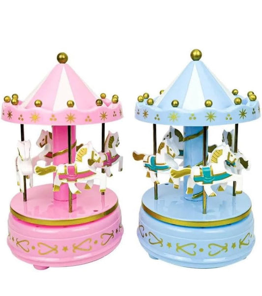 Rotating Carousel Music Box - Wind-Up Merry-Go-Round Musical Cake Topper and Showpiece with Horses
