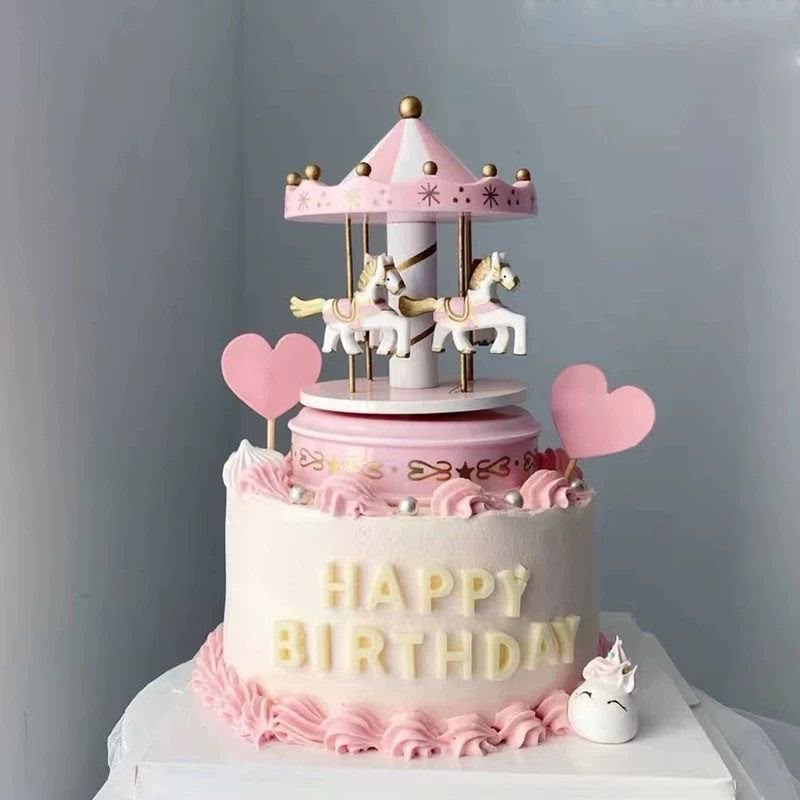 Rotating Carousel Music Box - Wind-Up Merry-Go-Round Musical Cake Topper and Showpiece with Horses