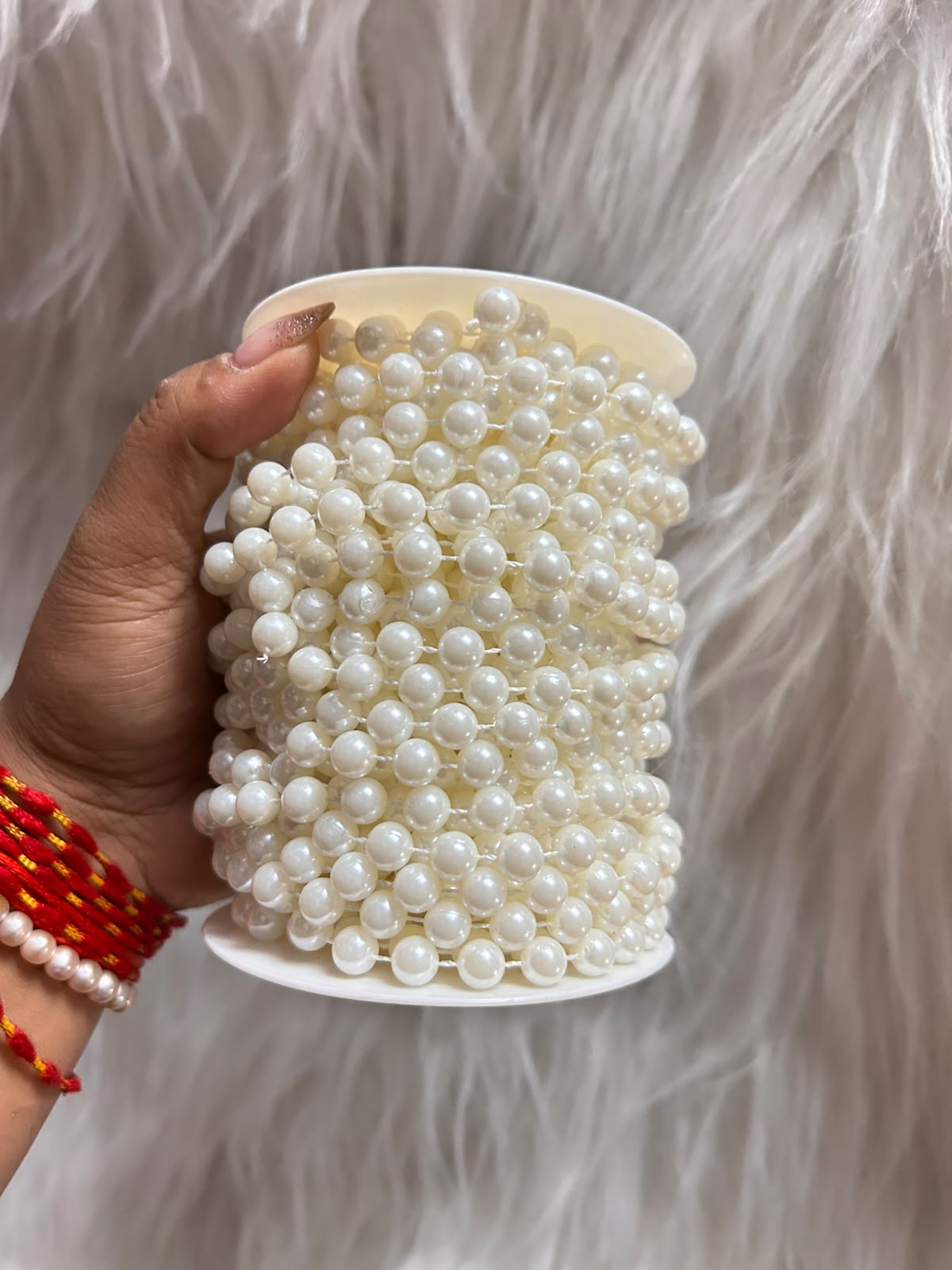 Pearl Chain Roll 17 m - 10 mm Ivory Pearl Bead Garland for Cake Draping, Hamper Decoration, Wedding Decor and Craft