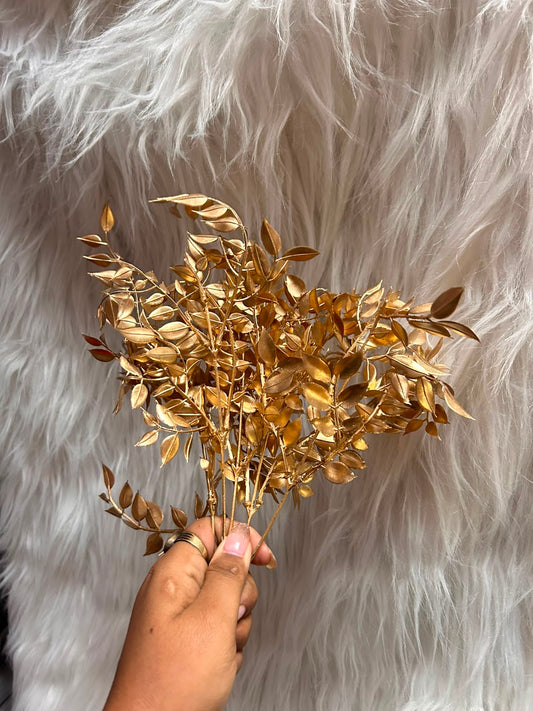 Golden Leaves Bunch - 60 Stem Antique Gold Foliage Filler for Cake Decoration, Hampers and Wedding Decor