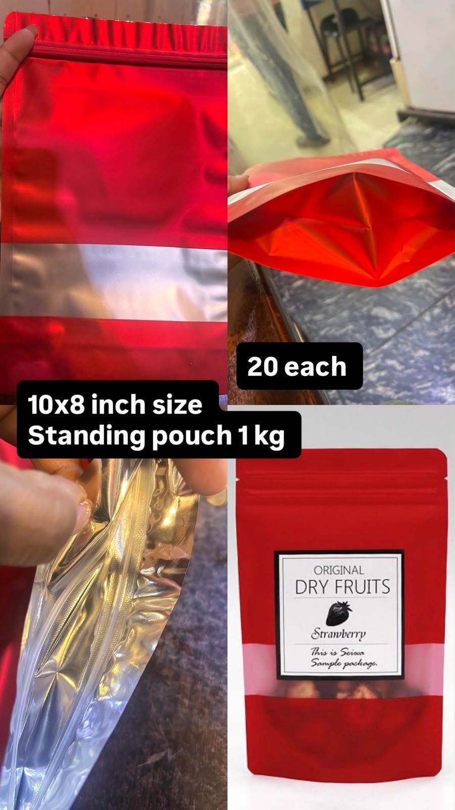 Stand-Up Zip Lock Pouch 10 x 8 inch - 1 kg Matte Red Foil Pouch with Frosted Window for Dry Fruits, Granola, Spices and Hamper Packing