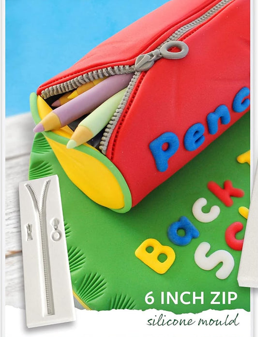 6 Inch Zip Silicone Mould - Zipper Track, Open Section and Pulls for Fondant, Gum Paste, Clay, Resin and Candle Making