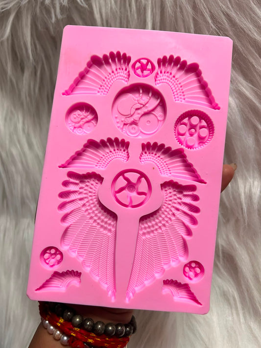 Steampunk Silicone Mould - Angel Wings, Gears, Cogs and Clock Faces for Fondant, Gum Paste, Clay, Resin and Craft