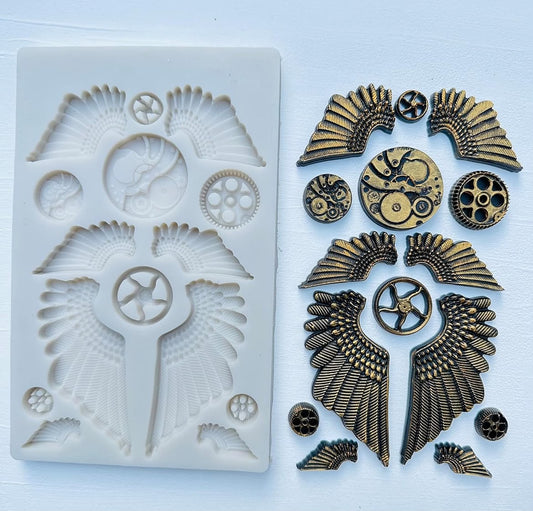 Steampunk Silicone Mould - Angel Wings, Gears, Cogs and Clock Faces for Fondant, Gum Paste, Clay, Resin and Craft