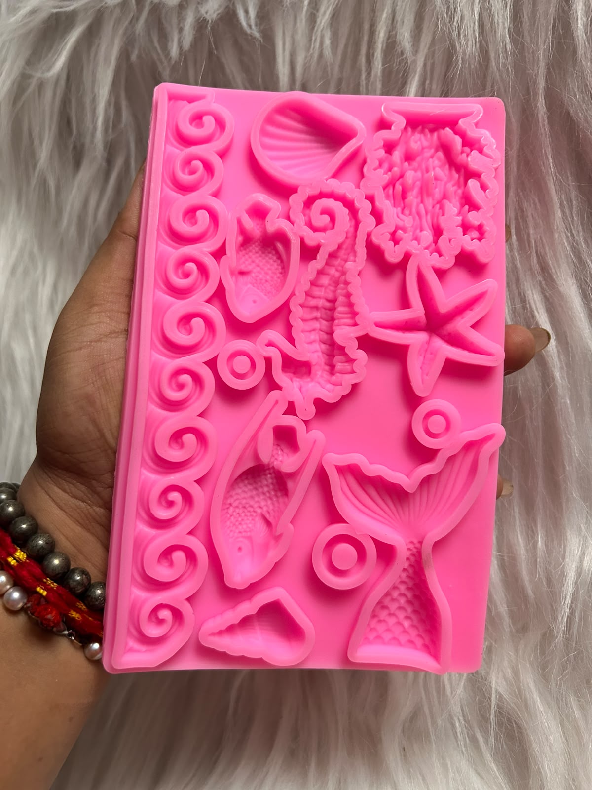 Sea Theme Silicone Mould - Mermaid Tail, Seahorse, Coral, Starfish, Shells and Wave Border for Fondant, Chocolate, Clay and Resin