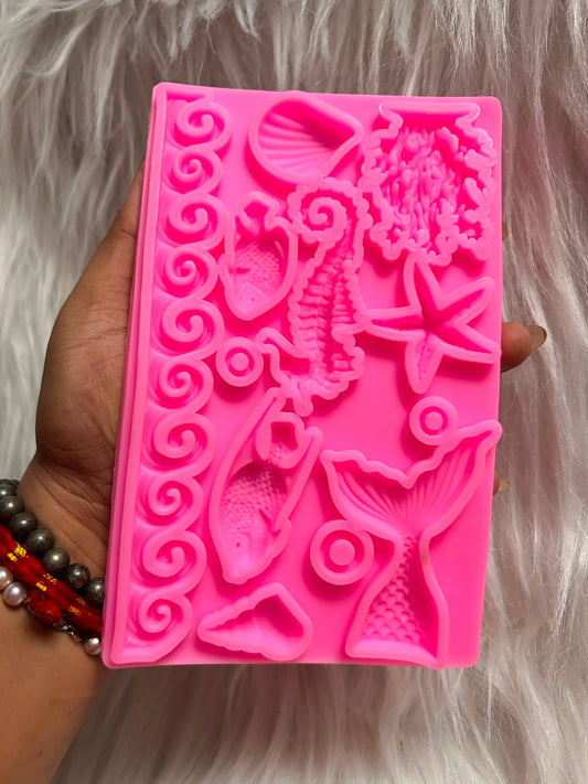 Sea Theme Silicone Mould - Mermaid Tail, Seahorse, Coral, Starfish, Shells and Wave Border for Fondant, Chocolate, Clay and Resin