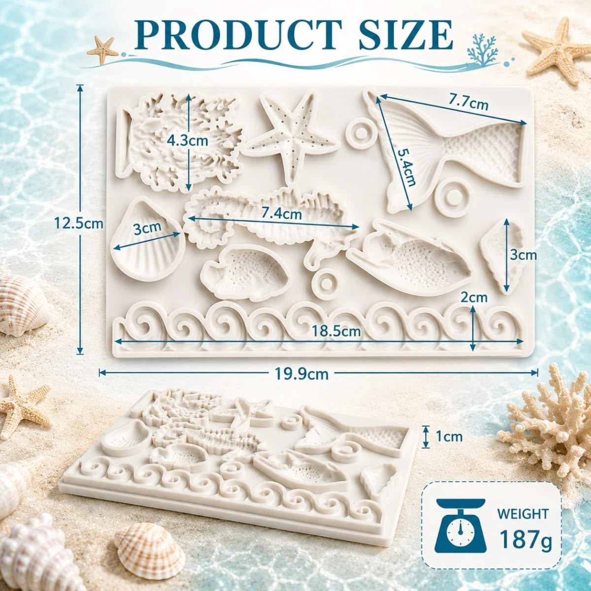 Sea Theme Silicone Mould - Mermaid Tail, Seahorse, Coral, Starfish, Shells and Wave Border for Fondant, Chocolate, Clay and Resin