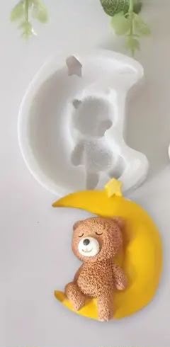 Moon and Teddy Bear Silicone Mould - Approx 3.5 inch Sleeping Bear on Crescent Moon for Baby Shower Cakes, Fondant, Clay and Resin