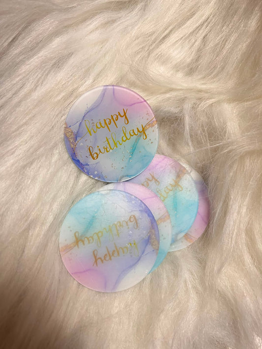 Printed Happy Birthday Coin Toppers - 2 inch, Pack of 5, for Cakes, Cupcakes, Desserts and Gift Boxes