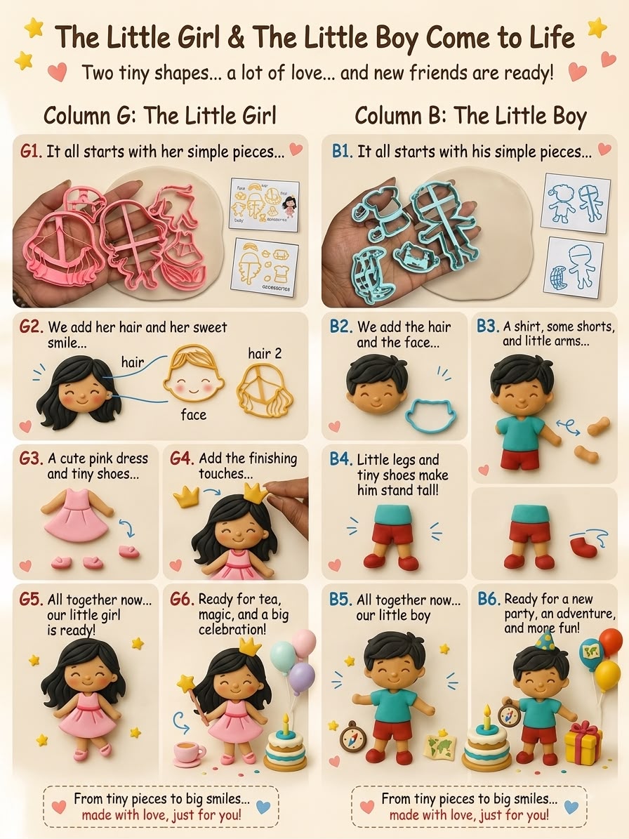 2D Human Figure Fondant Cutter Set - Layered Girl and Boy Character Cutters, Approx 3.5 inch Finished Size