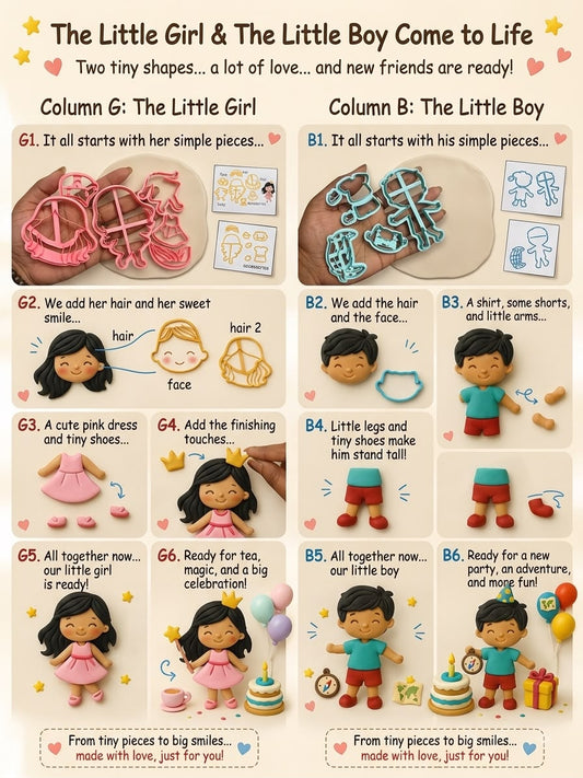 2D Human Figure Fondant Cutter Set - Layered Girl and Boy Character Cutters, Approx 3.5 inch Finished Size