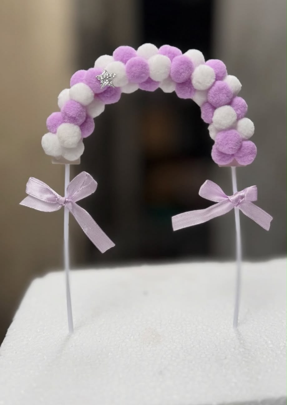 Pompom Arch Cake Topper - Soft Felt Pom Pom Rainbow Arc on Picks with Ribbon Bows for Birthday and Baby Shower Cakes