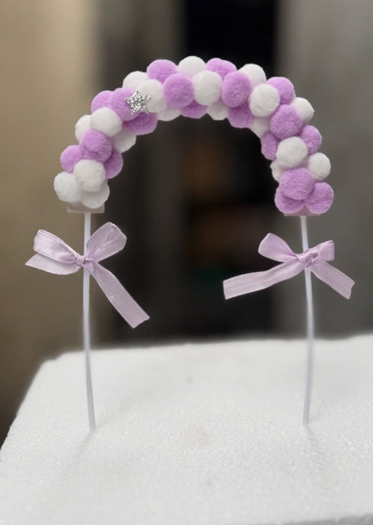 Pompom Arch Cake Topper - Soft Felt Pom Pom Rainbow Arc on Picks with Ribbon Bows for Birthday and Baby Shower Cakes