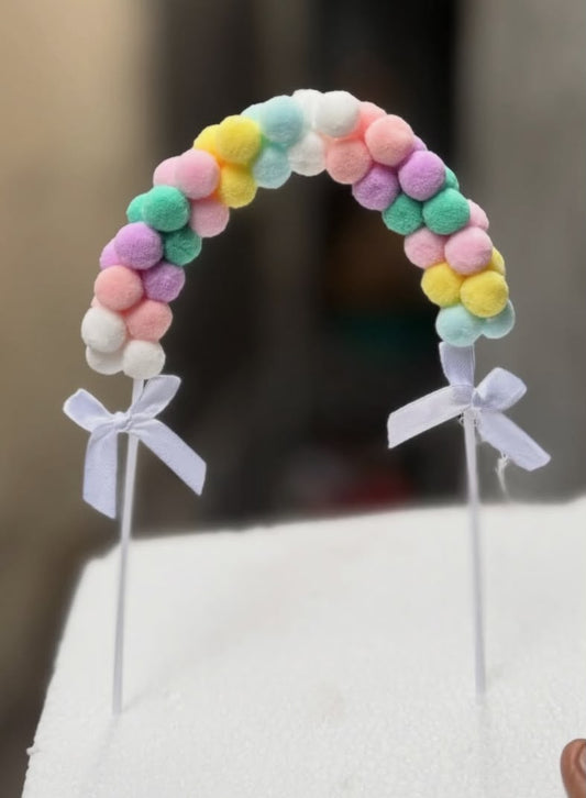 Pompom Arch Cake Topper - Soft Felt Pom Pom Rainbow Arc on Picks with Ribbon Bows for Birthday and Baby Shower Cakes