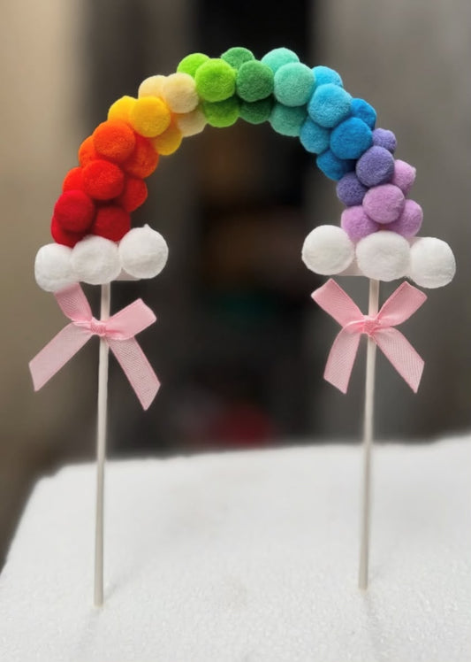 Pompom Arch Cake Topper - Soft Felt Pom Pom Rainbow Arc on Picks with Ribbon Bows for Birthday and Baby Shower Cakes