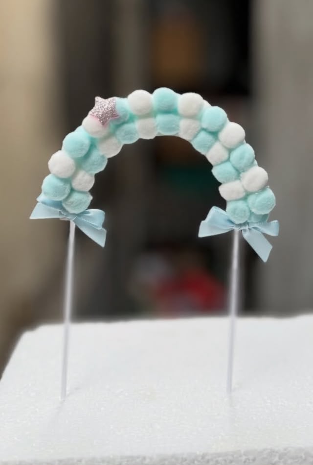 Pompom Arch Cake Topper - Soft Felt Pom Pom Rainbow Arc on Picks with Ribbon Bows for Birthday and Baby Shower Cakes