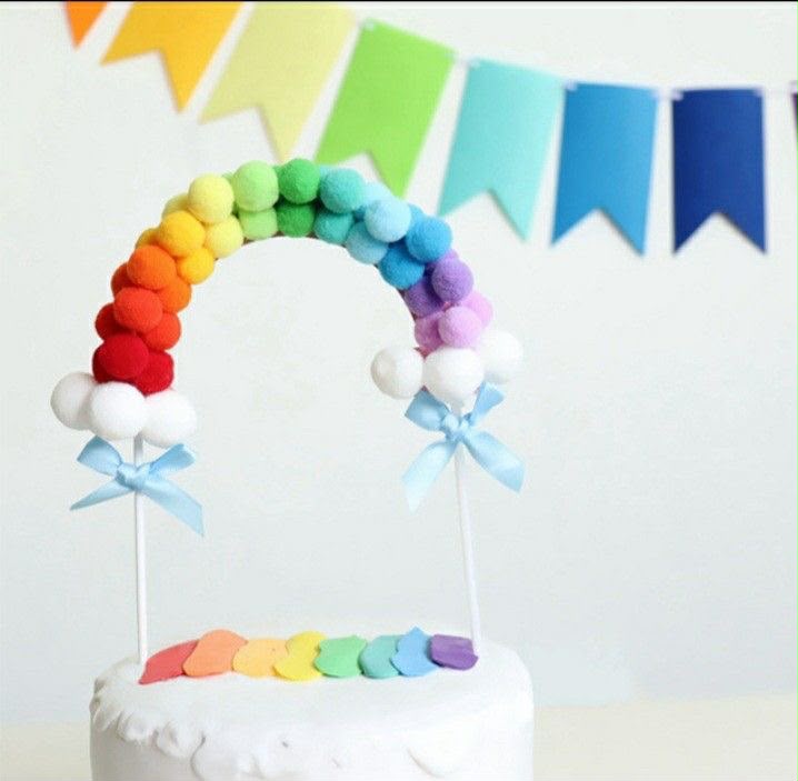 Pompom Arch Cake Topper - Soft Felt Pom Pom Rainbow Arc on Picks with Ribbon Bows for Birthday and Baby Shower Cakes
