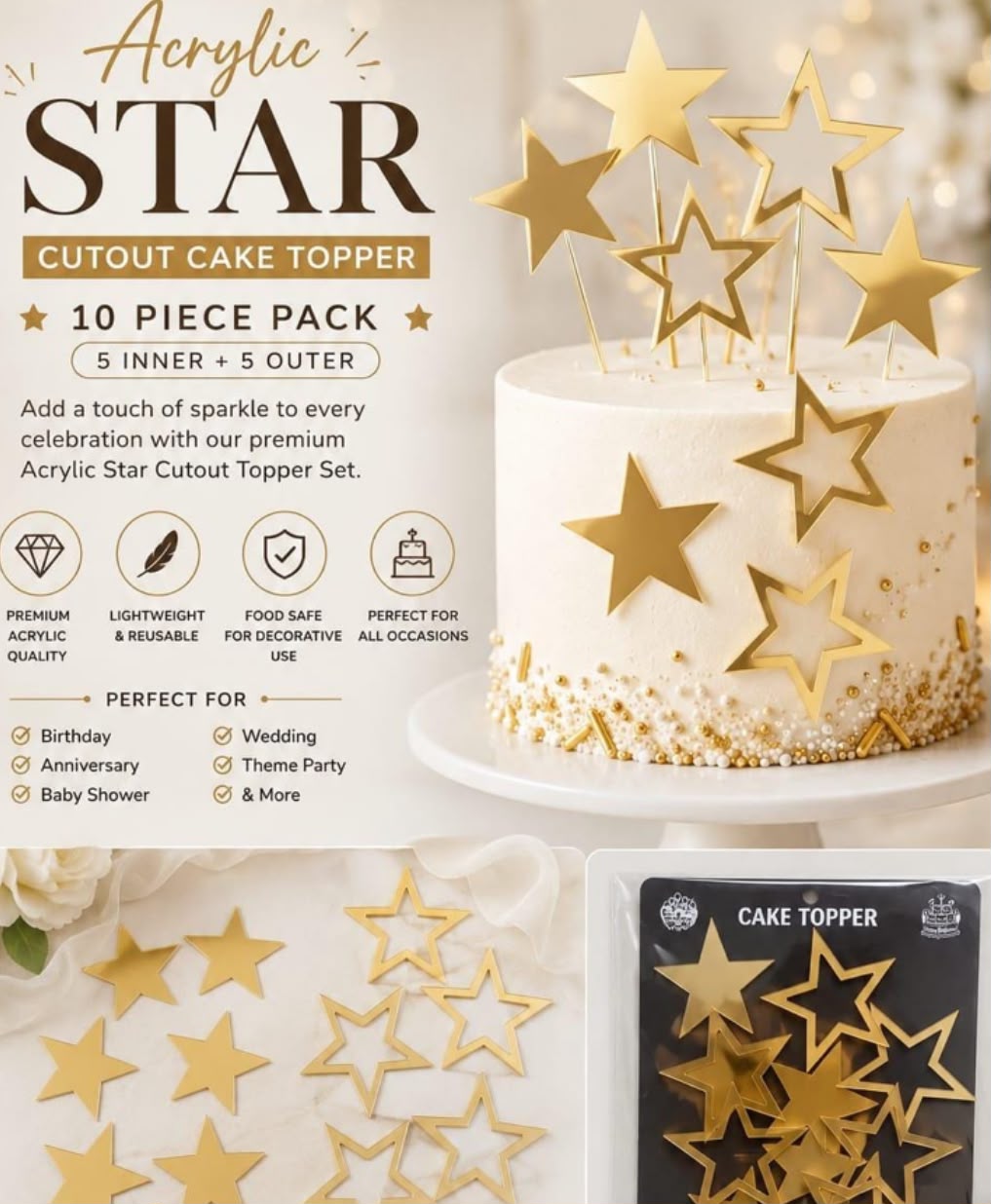 Gold Mirror Acrylic Star Cake Toppers - Solid and Outline Stars for Birthday, Wedding and Celestial Theme Cakes