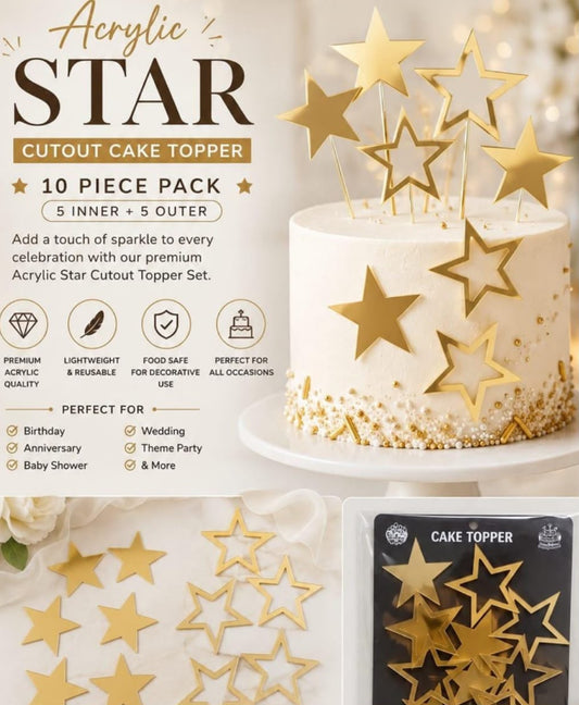 Gold Mirror Acrylic Star Cake Toppers - Solid and Outline Stars for Birthday, Wedding and Celestial Theme Cakes