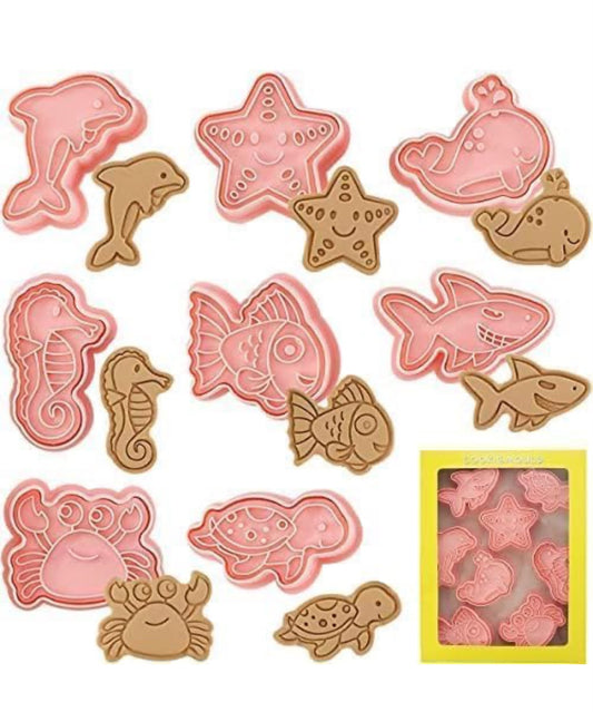 8 Pcs Ocean and Sea Animal Cookie Cutter and Embosser Set - Dolphin, Whale, Shark, Turtle and Crab Press Cutters for Biscuits and Fondant
