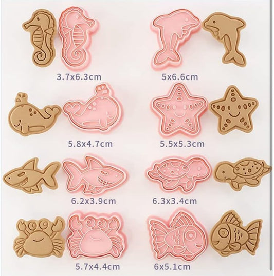 8 Pcs Ocean and Sea Animal Cookie Cutter and Embosser Set - Dolphin, Whale, Shark, Turtle and Crab Press Cutters for Biscuits and Fondant